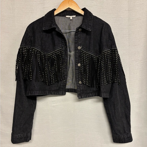 Baevely | EUC Crop Black Denim Fringe Studded Jacket, Medium - Picture 1 of 8